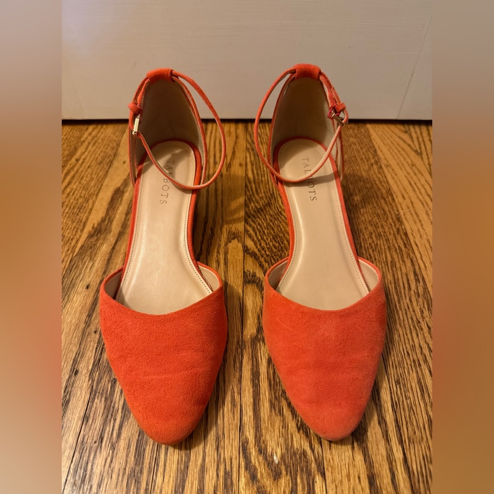 Talbots Bright Orange Suede Almond-Toe Ankle-Strap Wedge Heels - Size 8.5 M
